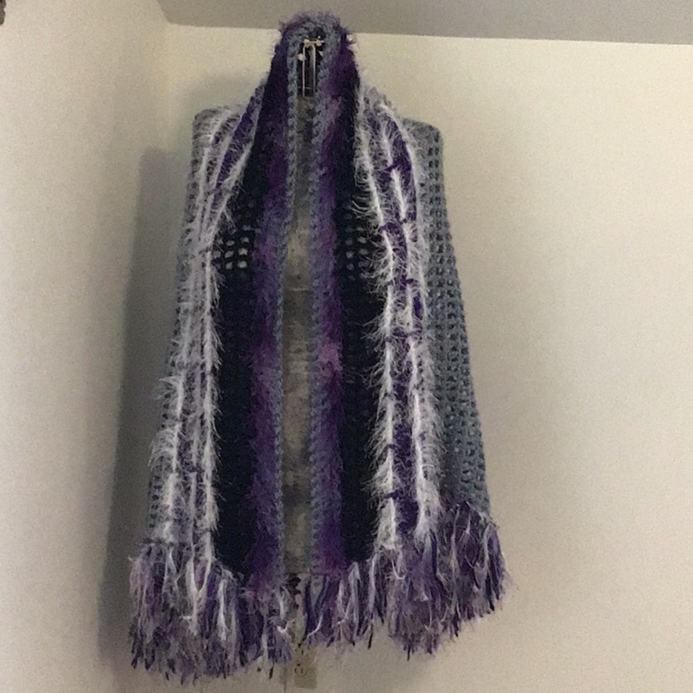 Hand Made Wrap Long Scarf Fringe Purple Grey Black
